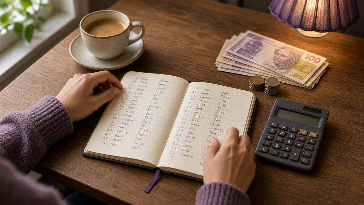 Pessoa organizando planejamento financeiro pessoal em uma mesa com anotações